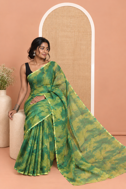 Borderless Green Rangoli Chiffon Saree, Accentuated with All-Over Abstract Print, and Comes Without Blouse