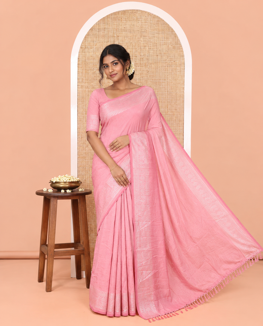 Pink Plain Vichitra Silk Saree, Subtle Traditional Motifs Woven Border, Plain Pallu, and Paired with a Matching Blouse
