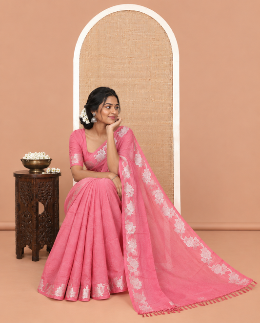 Onion Pink Wrinkle Chiffon Saree, Highlighted by Floral Creeper Border, and No Blouse