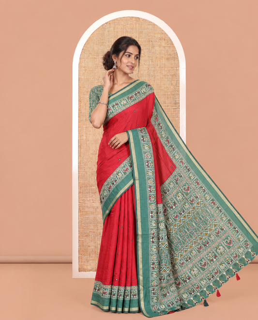 Rani Pink Manipuri Tussar Saree, Delicately Woven with Mirror Work, a Contrast Patola Animal Motif Border, Patola Pallu, a Contrast Blouse