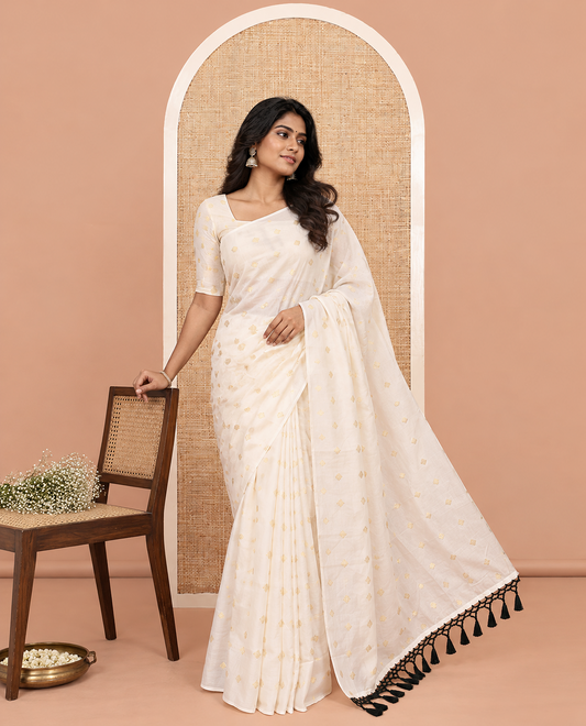 Borderless Cream Kerala Cotton Saree, Steeped with Zari Buttas, a Self-Pallu, and a Matching Blouse