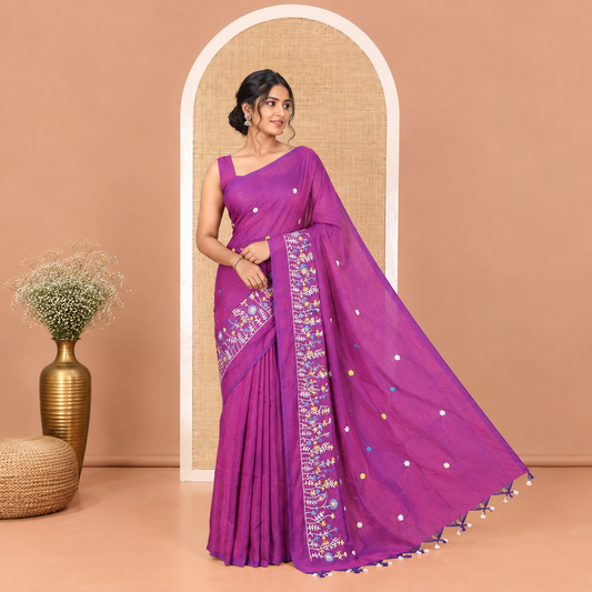 Borderless Violet Khadi Cotton Saree, Delicately Woven with Flower Motifs Embroidery All Over Its Body, a Self-Pallu, and Paired with a Matching Blouse