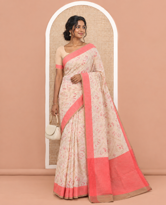 Cream-Red Village Warli Printed Patola Cotton Saree, a Contrast Border, Contrast Pallu, and a Matching Blouse
