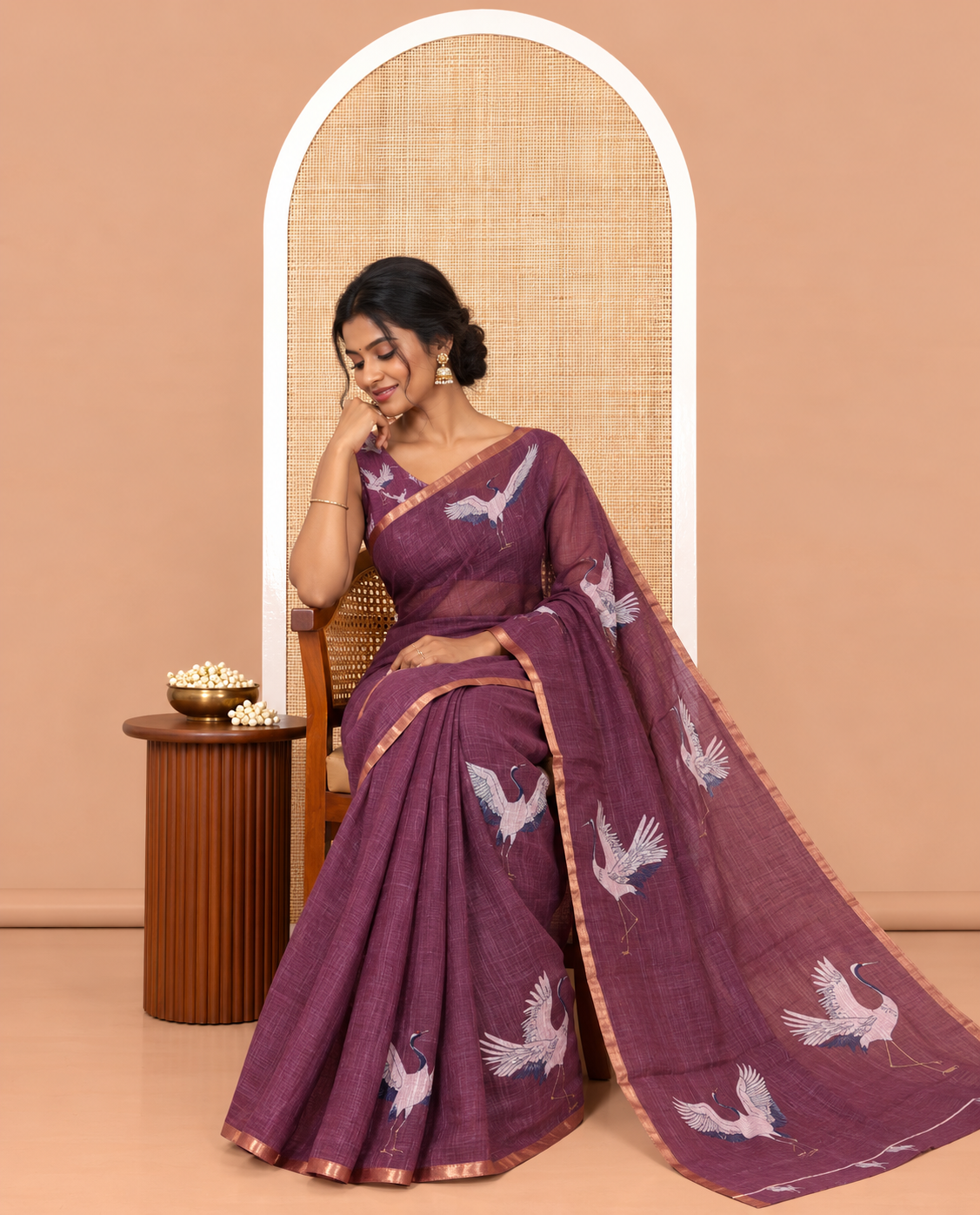 Borderless Wine Linen Cotton Saree, Adorned with Crane Motifs Print, and a Matching Blouse