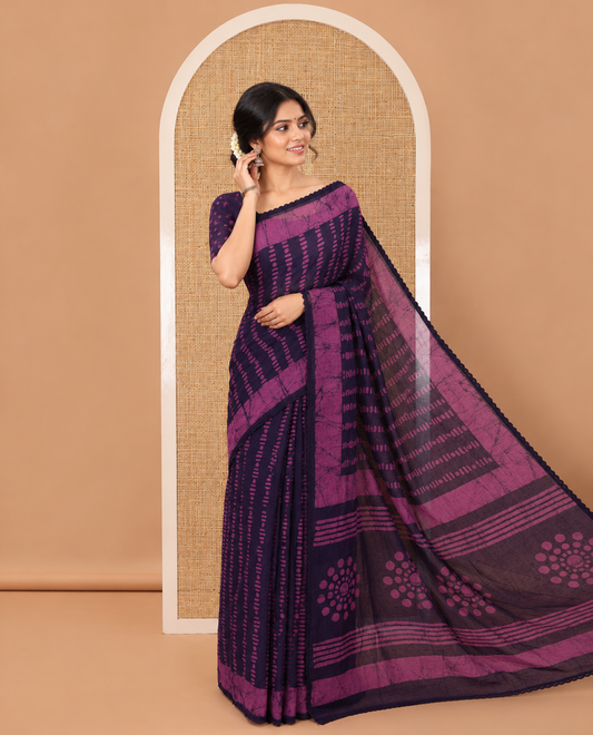 Navy blue handblock wax batik printed kota check saree, contrast batik print lacework border, batik print pallu & polka dots print blouse