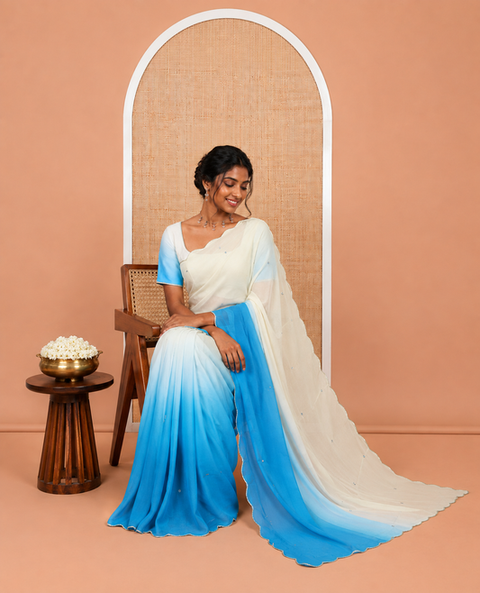 Blue-Parrot Green Chiffon Saree Features Ombre-Dye and Mirrorwork, Scallop Border, and a Matching Blouse