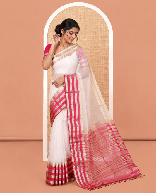 Off-White-Purple Horizontal Striped Semi-Organza Saree, a Contrast Traditional Zari Border, Striped Pallu, and a Contrast Blouse