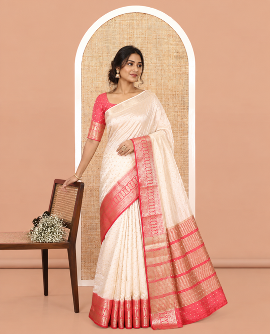 Cream-Red Semi-Tussar Saree Features 1000 Buttas, a Contrast Traditional Border, and Contrast Blouse