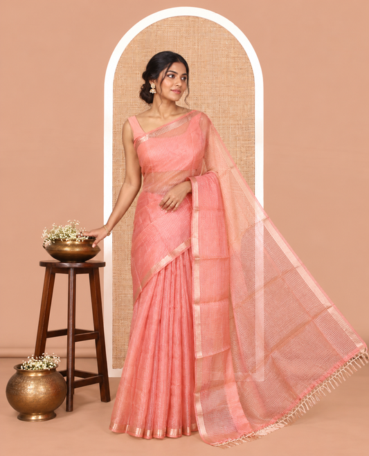 Orange Semi-Organza Chex Saree