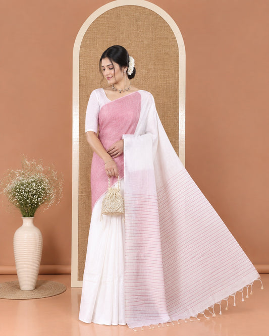 Borderless White and Pink Plain Khadi Mul Cotton Saree, Self-Pallu Steeped with Stripes, and Paired with a Plain Blouse