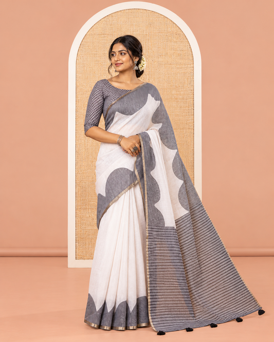 White Plain Linen Cotton Saree