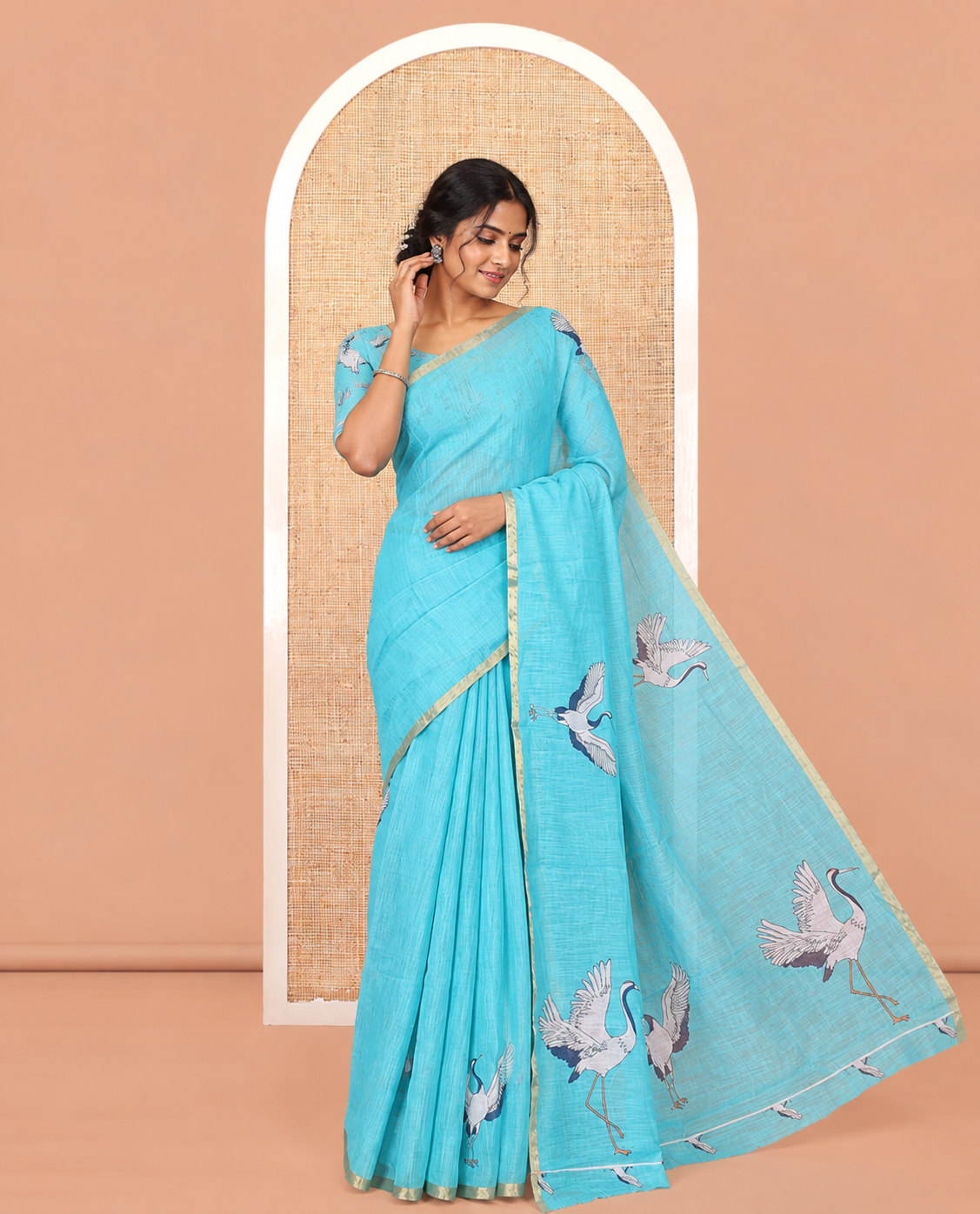 Borderless Blue Linen Cotton Saree, Adorned with Crane Motifs Print, and a Matching Blouse