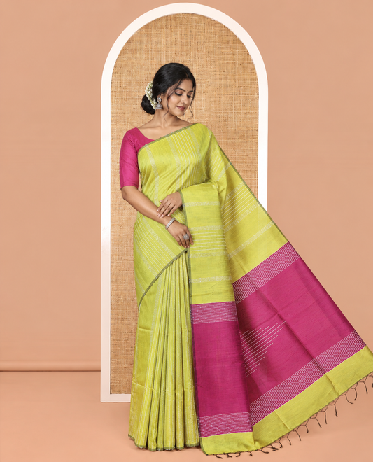 Borderless Green-Magenta Semi-Raw Silk Saree, Decorated with Sequined Stripes, a Contrast Zari Striped Pallu, and Contrast Blouse