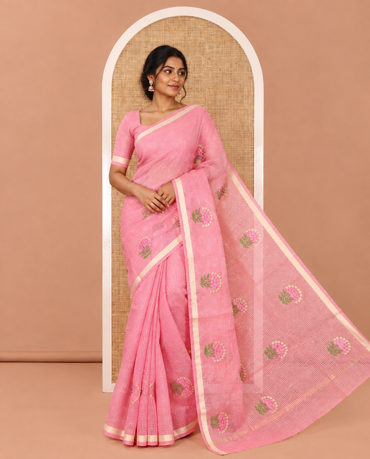 Onion Pink Kota Doria Saree, Adorned with Zari Checks and Floral Embroidery, a Piping Border, Matching Blouse