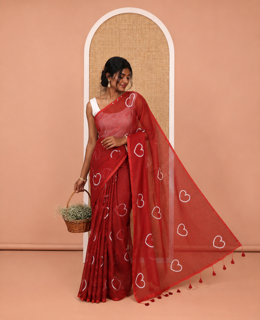 Borderless Maroon Khadi Mul Cotton Saree, Steeped with Heart Motifs Print, and No Blouse