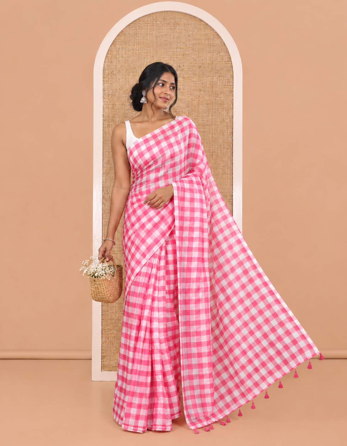 Borderless Rani Pink Khadi Mul Cotton Saree, Adorned with Micro-Checks and No Blouse