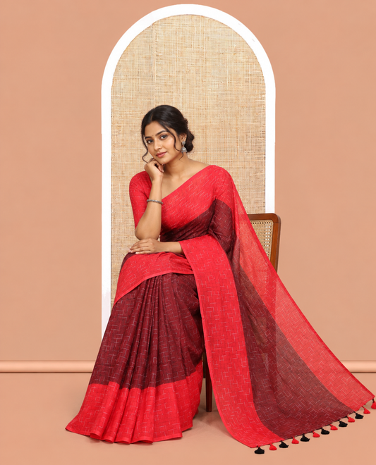 Maroon-Red Khadi Mul Cotton Saree, Subtly Sparkled with Geometric Print, Complemented by a Contrast Border, and No Blouse