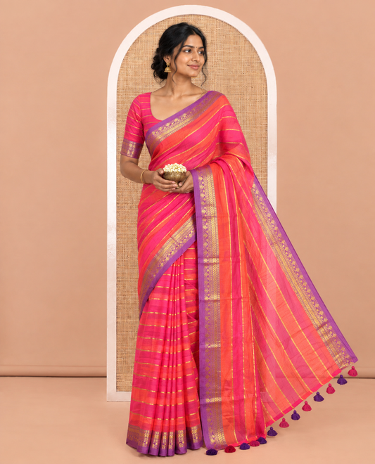 Orange-Pink Khadi Mul Cotton Saree, Steeped with Stripes, a Contrast Traditional Zari Border, and No Blouse