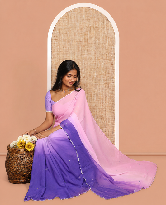 Violet-Baby Pink Chiffon Saree Features Ombre-Dye and Mirrorwork, Scallop Border, and a Matching Blouse