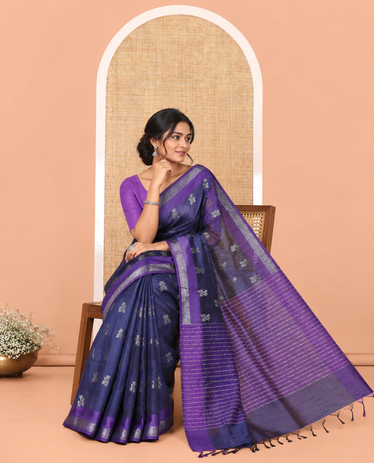 Navy Blue Semi-Raw Silk Saree, Sparsely Woven with Zari Buttas, Complemented by Contrast Zari Border, Striped Pallu, and a Contrast Blouse