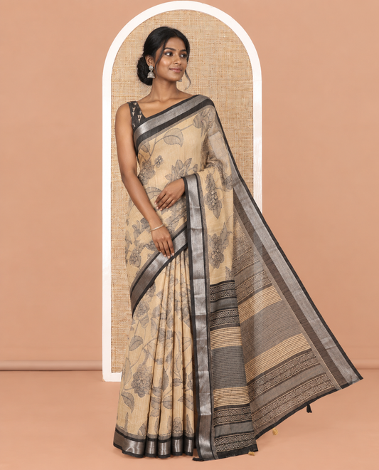 Chikku Jute Linen Saree, Elevated with Floral Vine Print, a Contrast Zari Border, Geometric Printed Pallu, and a Contrast Blouse