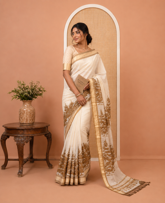Cream-Brown Kerala Cotton Saree Features Tree Print, Contrast Border, and a Contrast Blouse