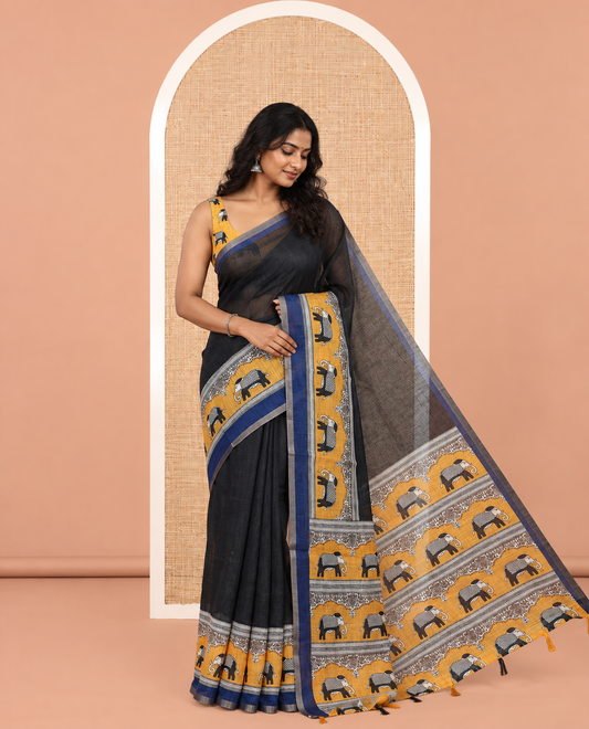 Black Plain Linen Cotton Saree, a Contrast Elephant Motif Border, Elephant Printed Pallu, a Contrast Elephant Printed Blouse