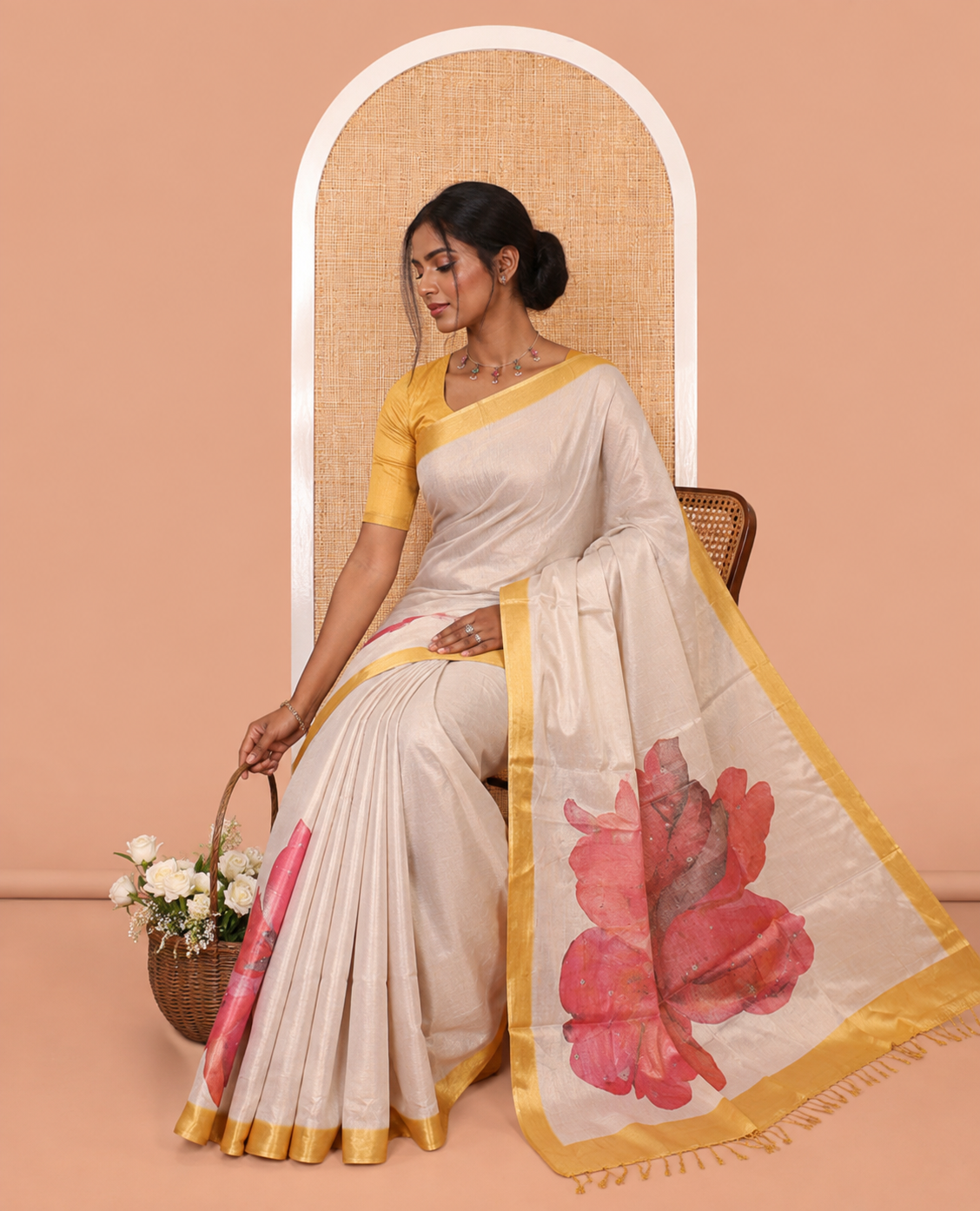 Gold Tissue Saree, Floral Print and Stonework, a Contrast Border, and a Blouse