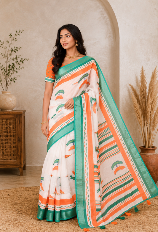 White Linen Cotton Saree Features Indian-Flag Buttas, a Contrast Border, Striped Pallu, Contrast Blouse