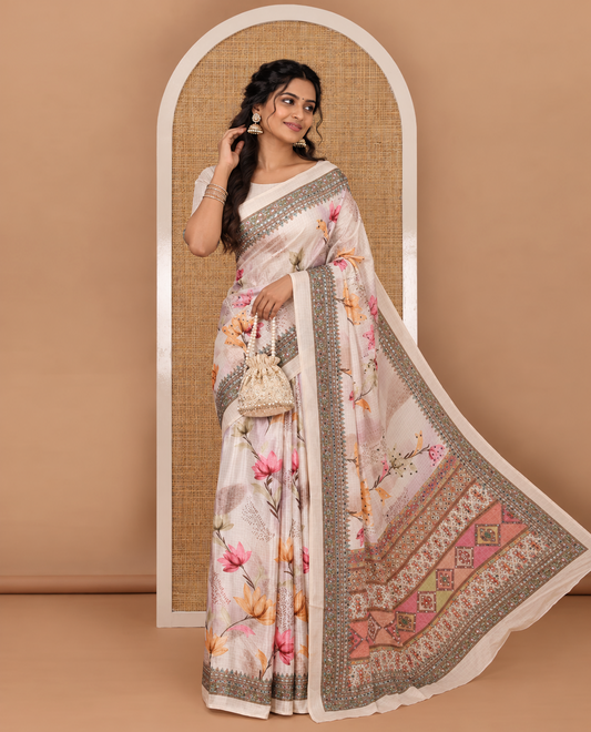 Cream small checks and floral printed masakali saree with mirror work, self-border, and pallu of print, and mirror work, and printed blouse