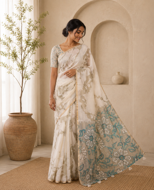 Cream Linen Saree, Bedecked with Abstract-Style Print on Its Body, Subtle Piping Border, Captivating Pallu of Floral Vine Print, and Paired with a Contrast Floral Printed Blouse