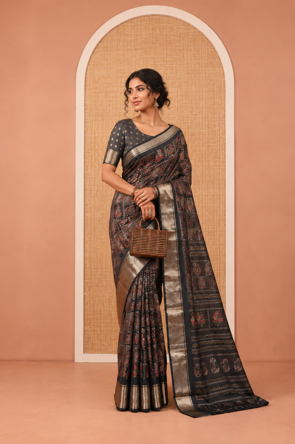 Black Dola Silk Saree Features Kalamkari Peacock-Human Print, a Traditional Zari Border, Printed Pallu, and a Matching Blouse