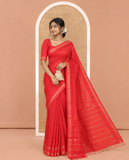 Maroon Checked Kalyani Cotton Saree, Contrast Rettai Pettu Rudraksham Border and a Matching Blouse