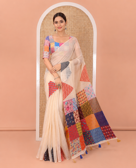 Cream Plain Linen Cotton Saree, Complemented by a Contrast-Colored Triangle on Its Border, Kaleidoscopic-Color Patchwork Pallu, and Paired with a Contrast Blouse