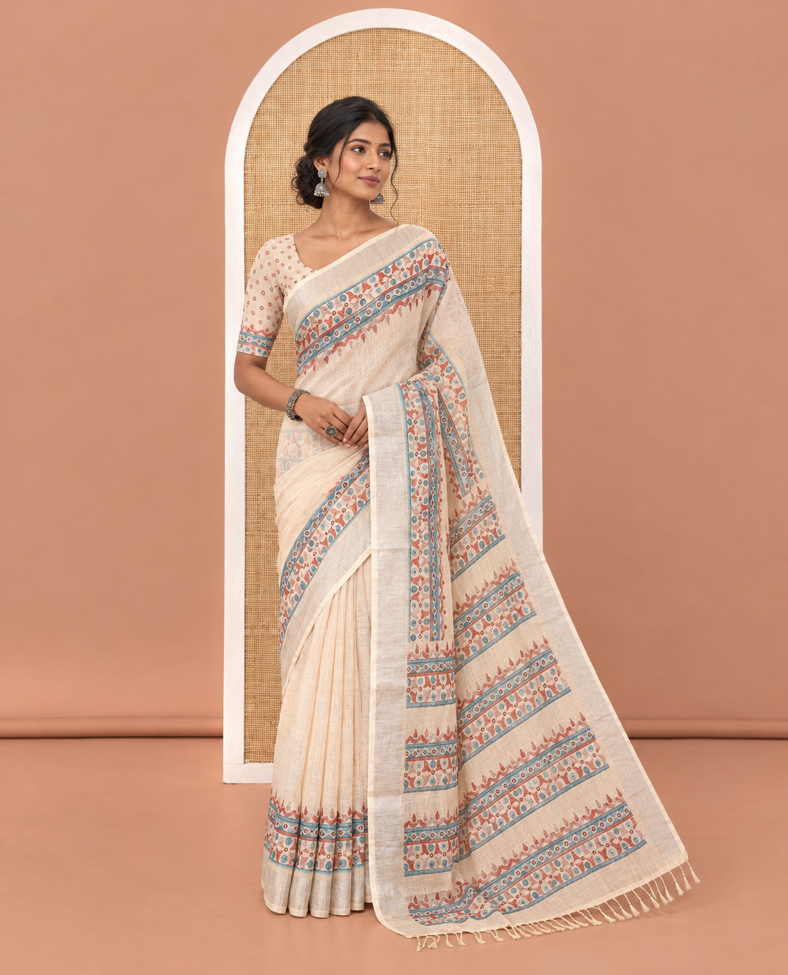 Sandal Plain Linen Saree, Adorned with Geometric Patterns Woven in Woolen on Its Body, Highlighted by Zari Bavanji Border, Pallu Mirrors the Same Patterns, and Paired with a Matching Blouse