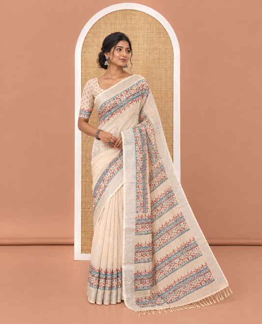Sandal Plain Linen Saree, Adorned with Geometric Patterns Woven in Woolen on Its Body, Highlighted by Zari Bavanji Border, Pallu Mirrors the Same Patterns, and Paired with a Matching Blouse