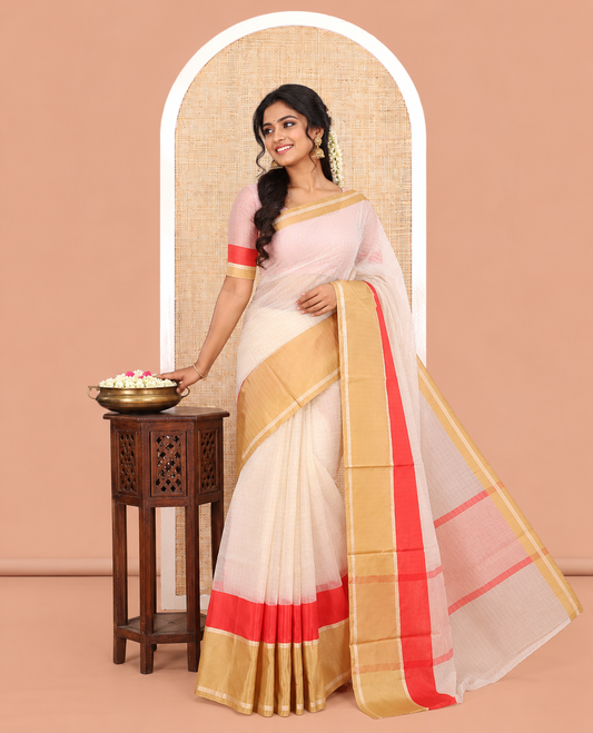Cream-Red Semi-Organza Saree