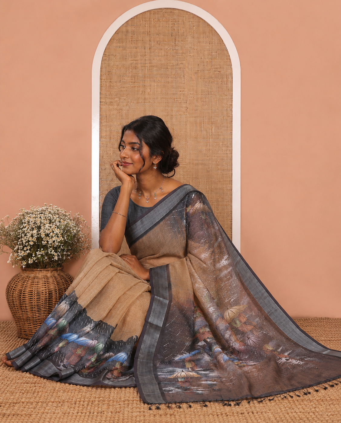 Mustard Rain-Themed Printed Linen Cotton Saree, Adorned with People with Umbrellas, a Zari Border, and Matching Blouse