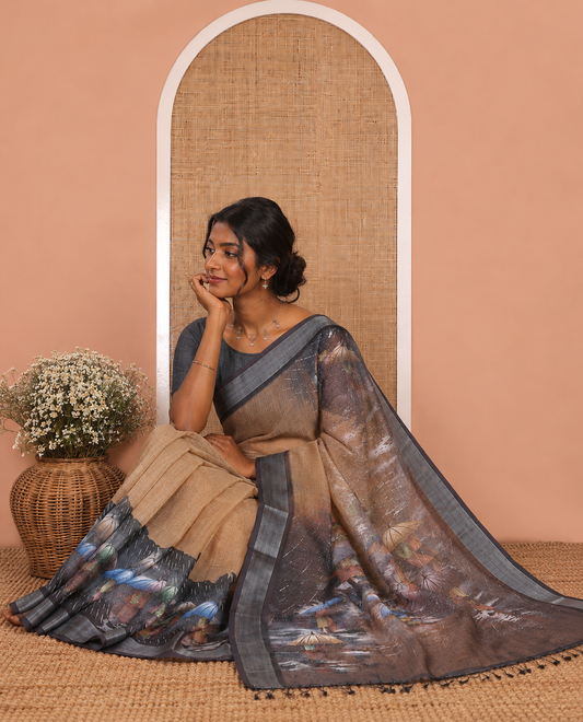 Mustard Rain-Themed Printed Linen Cotton Saree, Adorned with People with Umbrellas, a Zari Border, and Matching Blouse
