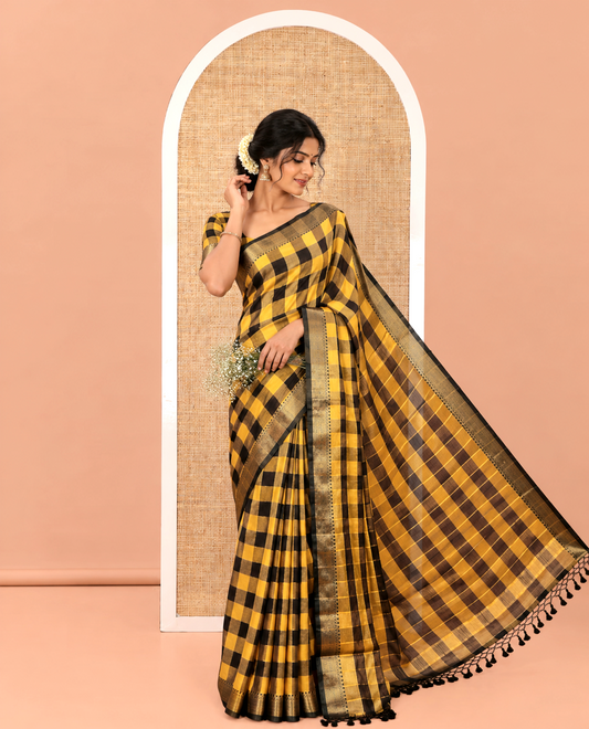 Yellow Checked Khadi Mul Cotton Saree, Highlighted by Zari Traditional Border, Zari Checked Pallu, and Paired with a Matching Blouse
