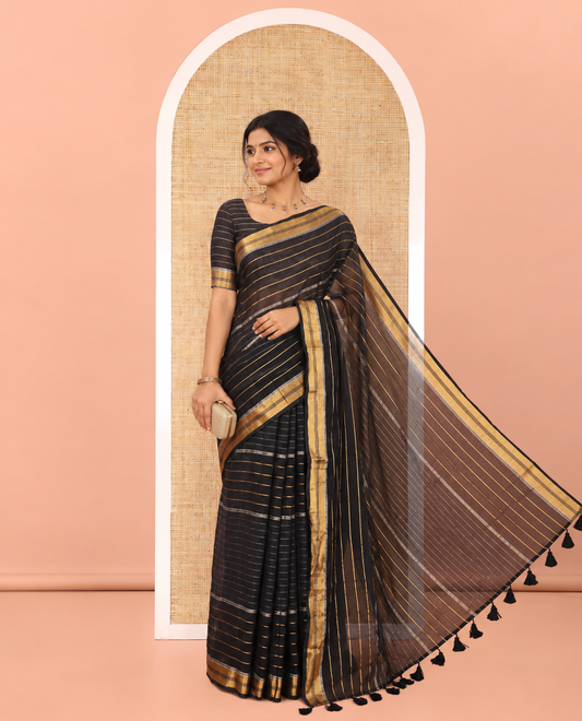 Black Khadi Mul Cotton Saree, Woven with Horizontal Stripes On Its Body, Subtle Zari Border, Stripes Pallu, and Paired with a Matching Blouse