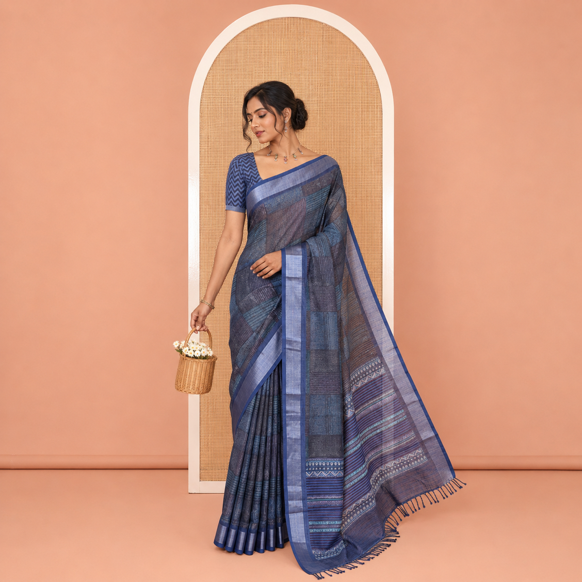 Blue Linen Cotton Saree, Bedecked with Big Checked Design Abstract Print on Its Body, a Subtle Bavanji Border, Geometric Printed Pallu, and Paired with a Matching Blouse
