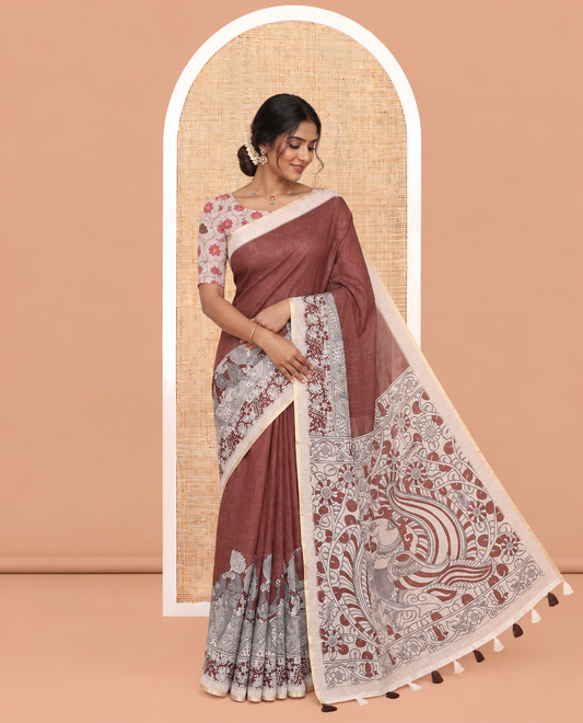 Brown Linen Cotton Saree, Embellished with Kalamkari Floral-Bird Print, Contrast Border, Kalamkari Peacock Pallu, a Contrast Blouse