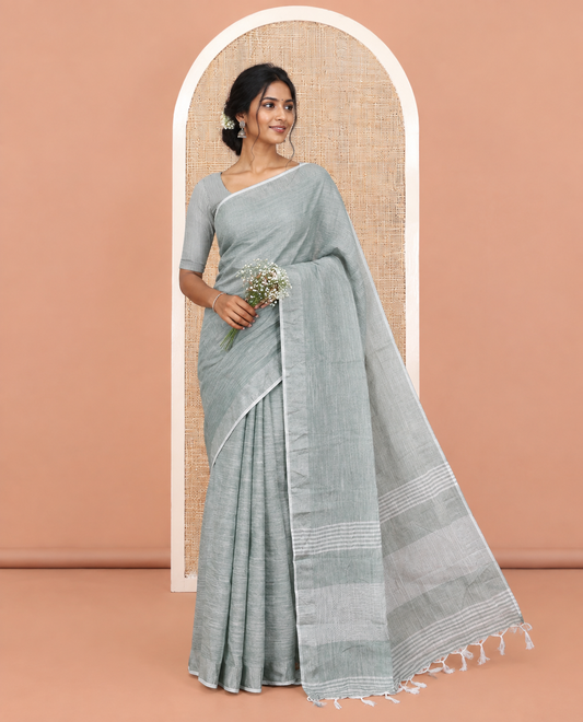 Green Plain Linen-Cotton Saree, a Zari Border, Striped Pallu, and a Matching Blouse