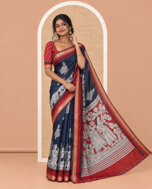 Navy Blue Chanderi Cotton Saree, Accentuated with Kalamkari Print, a Contrast Zari Border, Kalamkari Pallu, a Contrast Blouse