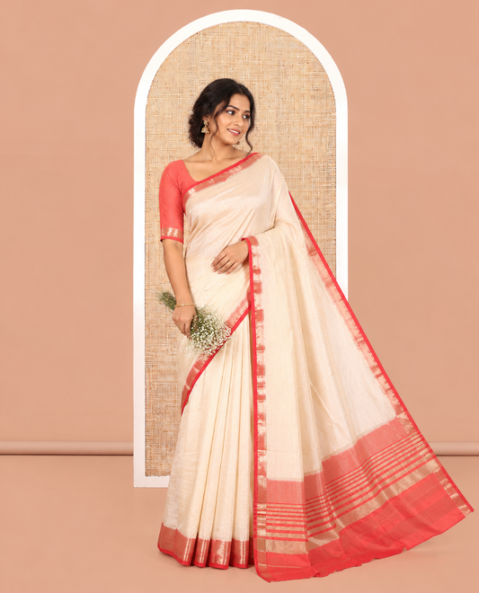 Cream-Pink Plain Art Tussar Saree
