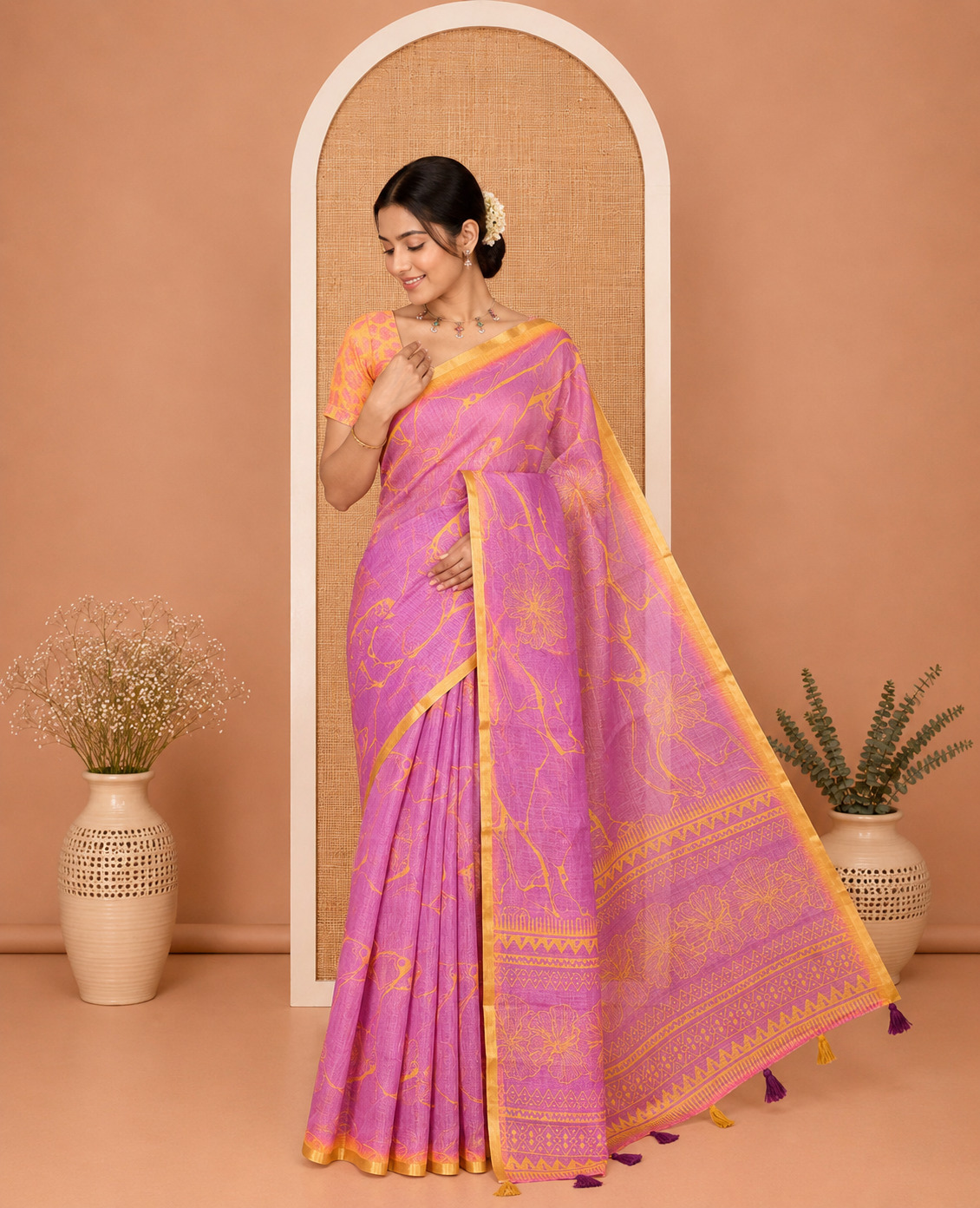 Violet Linen Cotton Saree, Decorated with Abstract Floral Print On Its Body, Subtle Piping Border, Pallu of Floral and Geometric Print, and Paired with a Contrast Blouse