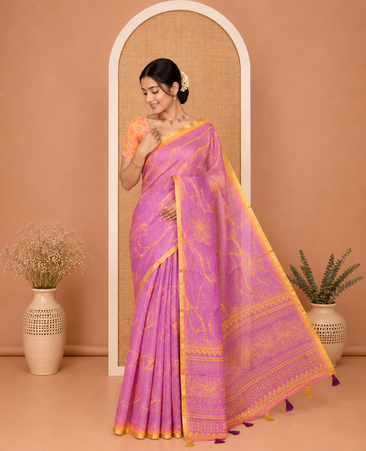 Violet Linen Cotton Saree, Decorated with Abstract Floral Print On Its Body, Subtle Piping Border, Pallu of Floral and Geometric Print, and Paired with a Contrast Blouse