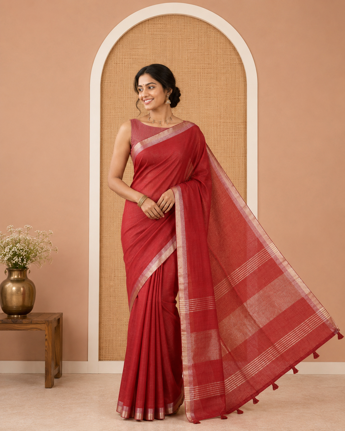 Maroon Plain Linen Cotton Saree, a Subtle Zari Border, a Self-Pallu, and Matching Blouse