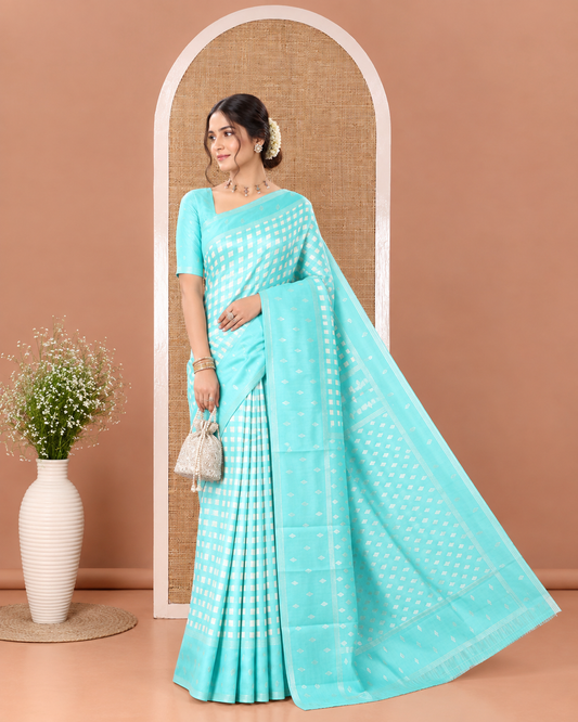 Blue Kanchi Silk Saree, Decked Up with Checked Design on Its Body, Highlighted by a Self-Border of Diamond Patterns, Pallu Steeped with Buttas, and Paired with a Matching Blouse